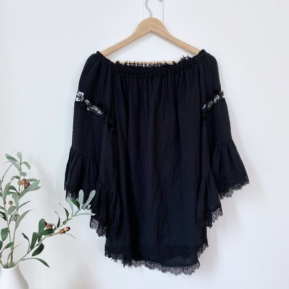 SURF GYPSY | BLACK GAUZE CROTCHET KIMONO DRESS MINI | OFF SHOULDER | M - Picture 4 of 6